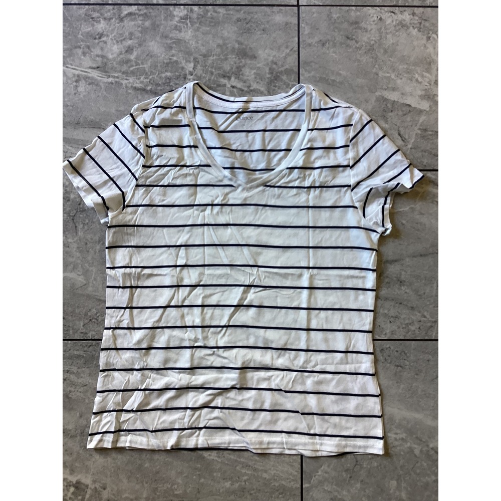 Quince NWOT Cotton Modal V-Neck Tee Ivory Black Stripe Short Sleeve Top L